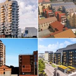 Finalister till Allmännyttans bästa bygge 2026 (överst från vänster): Kvarteret Omställningen (Framtiden Byggutveckling/Poseidon), kvarteret Hållstugan (Örebrobostäder), Godisfabriken (Gavlegårdarna) och kvarteret Droppen (Granitor).
Fotocollage: Helene Ahlberg