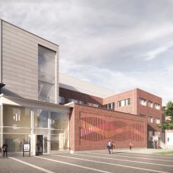 Ny onkologimottagning på Kalmar länssjukhus. Konstverket på väggen vid entrén heter Våg och är gjort av Cecilia Aaro och Matilda Fahlsten. Bild: Fojab