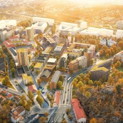 Översiktsbild Forsåker. Visualisering Mölndala Fastighets AB