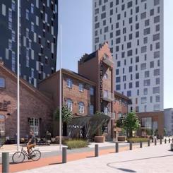 Detaljplaneändringsområdet med visst stilbrott ligger i närheten av järnvägsstationen, stadskärnan och de stora evenemangscentren i området, Nokia Arena och Tammerforshuset. Bild: Arkitektbyrån Sarc+Sigge