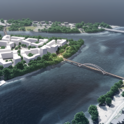 Bilden visar en illustration av hur gång- och cykelbroarna planeras att placeras. Broarna sammanlänkar Norra Ön med Teg och konstnärligt Campus. Illustration: White arkitekter
