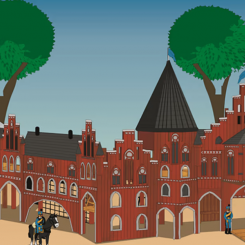 Lekplatsen får specialbyggda attraktioner som följer temat Kvibergs kaserners slottsliknande byggnad. Den ska locka till lek och aktivitet i åldrarna upp till 15 år. Illustration: Cado