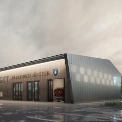 Grums nya brandstation, designad av Tengbom, tar form för att möta framtidens trygghetsbehov. Illustration: Tengbom
