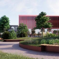 Helsingborgs stad om att bygga om och till stadens bibliotek i Stadsparken. Illustration: Schmidt Hammer Lassen