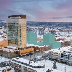 HSB brf Polaris byggs i centrala Skellefteå, granne med Sara kulturhus och med Torget. Foto: HSB