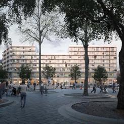 Renderad bild över kvarter Atlas och Sveatorgets tunnelbaneuppgång, bild:Oevis.