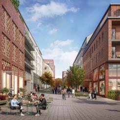 Mittstråket, med Väsby centrum i ryggen och i riktning mot Vilundaområdet. Här, bland hundratals bostäder, skapas ett bilfritt mittstråk för fotgängare med livfull karaktär och variation av grönska med stora träd.

Visionsbild: Arkitekt Equator, visualisering av Walk the Room