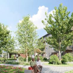Illustration av innergård, SilviaBo Skrabelycke i Mariastaden, Helsingborg. Foto: Boklok
