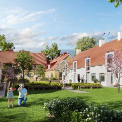 Visionsbild från GBJ Bygg. De nya husen ska se ut ungefär som det gamla, så att hela området får en enhetlig stil.  Pressbild: Kävlinge kommun