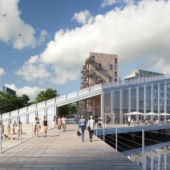 Den kommande kajbyggnaden förväntas bli en central del av områdets skyline när Norrköpings stora stadsomvandlingsprojekt tar form. Illustration: Nyréns Arkitektkontor
