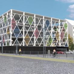 Illustration av parkeringshuset Kvarteret Fabriken