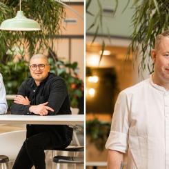 Från vänster i bild Jan Larsson, projektledare för kyla- och värmelösningar på Wihlborgs och Hassan Mahdi, förvaltare på Wihlborgs, samt Johannes Widén, platschef på Bricks Eatery, har engagerat sig i att minska energianvändningen i Bricks.