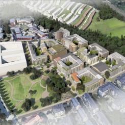 Flygvy över möjlig ny bebyggelse inom detaljplan för kvarteret Backklövern m.fl. (etapp 6) ÅWL Arkitekter