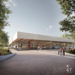 Landskrona idrottshall, ritad av Arne Jacobsen, ska rustas upp samtidigt som de arkitektoniska kvaliteterna ska behållas. Visionsbild: Krook och Tjäder