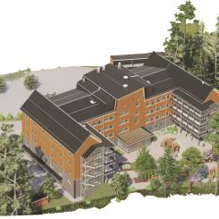 Det nya omsorgsboendet Kusthöjden kommer att erbjuda 54 boendelägenheter samt grupplokaler för hemtjänst. Illustration: AFRY