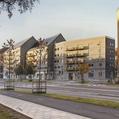 terbrukat skiffer bidrar till halverad klimatpåverkan i kvarter Omställningen. Illustration: Liljewall