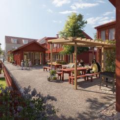 LINK Arkitektur, i samarbete med Projektlaget, vinner i markanvisningstävling om de Röda husen i Lidköping. Bild: Visulent