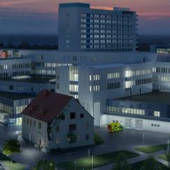 Den nya vårdbyggnaden E62, som omfattar 45 000 kvadratmeter med nya vårdlokaler. Vid sjukhusets nya huvudentré kommer byggnaden inrymma bland annat akutvård, förlossning och hjärtintensiv.