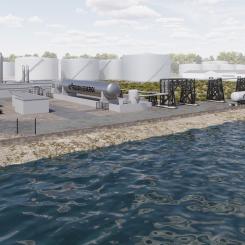 Visionsbild på den kommande förvätsdkningsanläggningen i Göteborgs Hamn. Pressbild: Nordion Energi