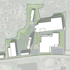 En översikt med en stor ishall närmast Härrydavägen i söder, ett stort parkeringshus i nordost. Ishallens entré vetter mot en inbjudande mötesplats och en hög hotellbyggnad. Andra byggnader är till för tillverkning och handel. Illustration: Härryda kommun