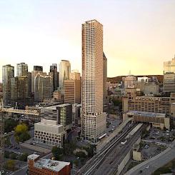 Den nya skyskrapans fasad är uppförd i prefabricerad betong och utformad för att anknyta till stadens historiska material. Arkitekterna Chevalier Morales hänvisar till influenser från bland annat Gamla Montréal, Place Ville-Marie och Sun Life-byggnaden. Foto: Kredit: Maxime Brouillet.