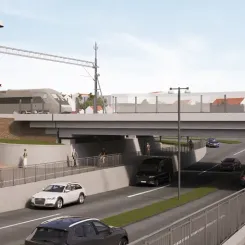 Visionsbild som visar järnvägsbron och Brunnsgatan när bygget är klart. Illustration: Trafikverket