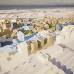 Nyhamnen, vy från sydväst/Malmö C. Mörkblå = Wihlborgs byggrätter. Ljusblå = Wihlborgs befintliga bestånd. Ljusbeige = Övriga befintliga byggnader. Mörkbeige = Övrig planerad bebyggelse. Bild: Wihlborgs