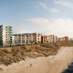 Den första delen av en skyddande vall mellan stranden och bebyggelsen anläggs längs kusten i Västra Sjöstaden. Fotograf/Källa: Visionsbild framtagen av Kanozi arkitekter på uppdrag av Granitor/Serneke.