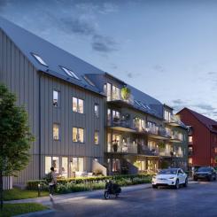 Brf Aroma i Träkvista torg på Ekerö, Stockholm.  Fotograf: Obos Nya Hem