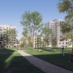 Ca 70 bostadsrätter kan bli möjliga i Östermalms Park (här illustrerat av det högre huset till höger i bilden).