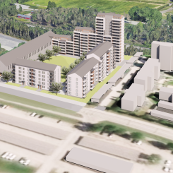 Översiktlig flygvy över föreslagen bebyggelse på Gökungen 2, sett från väster. Illustration: Arkinova.