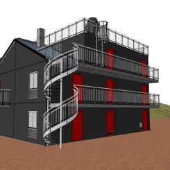Skiss på övningshus där utformningen skapar möjlighet att träna i olika miljöer. Arkitektskiss: Fredblad arkitekter.