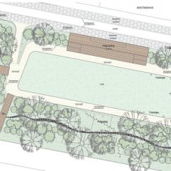 COWIs skissförslag till utformning av park med dagvattenhantering som är en del av den allmänna platsmarken som ingår i klimatberäkningen.