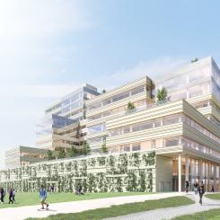 Vista Malmö - Bild: EGA Erik Giudice Architecture Fasadglas samarbetar i tidigt skede med fastighetsägaren Wihlborgs för att projektera ett av Sveriges första NollCO2-hus. Byggnaden kommer att uppfylla kraven för Miljöbyggnad Guld och WELL Core Guld. Träsystemet bARK är ett passande val för att förverkliga höga hållbarhetsmål och arkitektur.