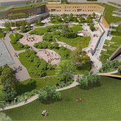 Skiss på stadsdelspark med skyfallsdamm i anslutning till nya Kronetorpskolan. Illustration Berg &Dahl.