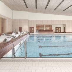 Simhallen med 25-metersbassäng med sex banor.  Bild: Peab