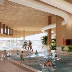 Badet ska bli ett aktivitets- och familjebad som ska vara tillgängligt för alla – oavsett om man är där för lek, motionssimning eller tränar på elitnivå. Foto: Peab