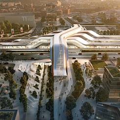 Så här kommer Rail Balticas passagerartågterminal i Tallinn att se ut när den är färdigställd. En internationell arkitekttävling hölls 2019 för designen av Tallinns passagerarterminal för Rail Baltic, som vanns av ett gemensamt bidrag från Zaha Hadid Architects och den estniska motsvarigheten ESPLAN OU. Illustration: Rail Baltica.