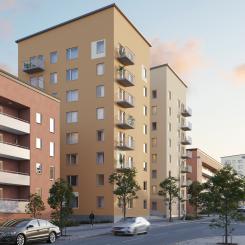Det ska byggas fyra punkthus med totalt 92 lägenheter och två lokaler i Rinkeby, Stockholm. Pressbild: Lindbäcks