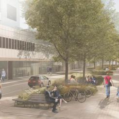 En grönare och mer småskalig gata kan skapa fler möten, öka handeln och göra Huskvarna mer levande. Den här visionsbilden visar idén om en möjlig utformning av Rosenborgsgatan. Den är vägledande och visar inte det exakta slutresultatet. Illustration: Billingham & Flygare