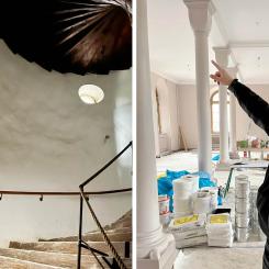 Philip Jacobsson, elektriker vid RSA-gruppen, visar runt i Kungshuset. Till vänster, den berömda trätrappan.
