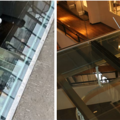 Exempel på glasgolv från Ryds Glas på restaurang och köpcentrum. Foto: Ryds Glas