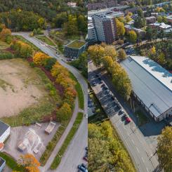 Till vänster: Tomten där nya simhallen i Askim ska byggas, i nära anslutning till dagens simhall. Till höger: Tomten där Kortedala simhall kommer byggas som i dagsläget rymmer ishallen Isdala. Foto: Norconsult