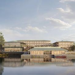 Ett destinationshotell ska stärka Skarholmen som besöksmål. Visionsbilden är ett exempel på hur hotellet skulle kunna se ut. I förgrunden syns även det kallbadhus som planeras. Illustration: Krook & Tjäder