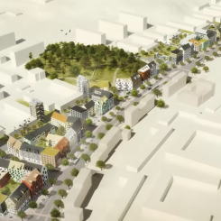 Kreativitet i byggprojekt testas för halvering av klimatpåverkan. Illustration: OkiDoki Arkitekter