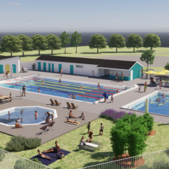 Det nya Drottninghögsbadet som får tre pooler, planeras vara färdigt till sommaren 2023. Illustration: Sweco.