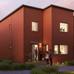 Illustration av entrésida med förstukvist, radhusen i BoKlok Lotsen, Gammelstad, Luleå. Foto: BoKolk