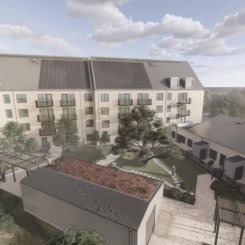 Tirfing kommer att byggas som två byggnader i vinkel med 42 hyresrätter i den högre byggnaden och 6 servicelägenheter i den lägre. På den grönskande innergården kommer bland annat en ovanlig svarttall att bevaras. Illustration: LKF