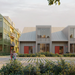 Vy över Körsbärsallén mot trygghetsboendets punschveranda och radhusen i en våning. Illustration: Utopia Arkitekter