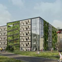 LKPs nya parkeringhus med fasad av återbrukade vindkraftsvingar. Visionsbilden är gjord av Lloyds arkitektkontor.